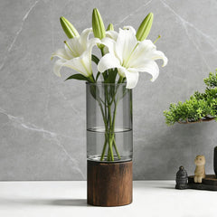 3pcs Glass Vase for Flowers - 25cm Tall Cylindrical Vase with Wooden Base Clear Large Flower Vases Boho Rustic Style Vases Modern Minimalist Ornaments for Pampas Grass Dried Flowers Wedding Home Decor