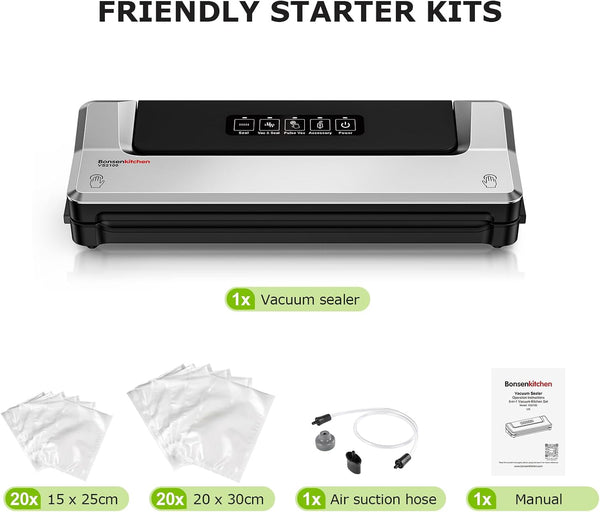 Bonsenkitchen Vacuum Sealer with 40 Vacuum Bags, Fast-Compact Vacuum Sealer Machine for Sous Vide Cooking and Food Stay Fresh up to 6X Longer (Silver)
