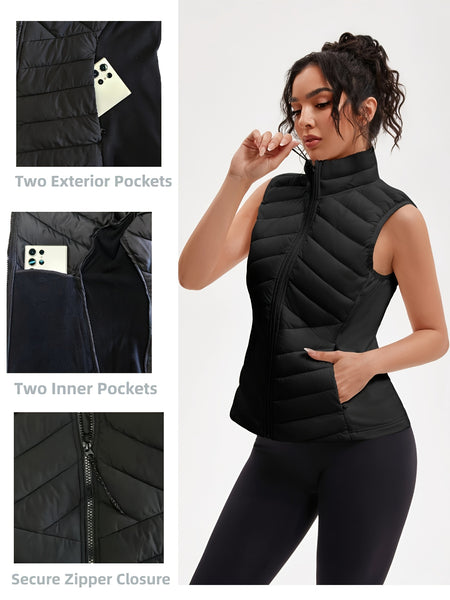 Women's Lightweight Outdoor Puffer Vest, Multi-Pocket Design, Elastic Waist Wrapping for Snug Warmth, Unique Zipper, Stand Collar, Polyester Filled