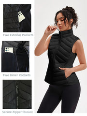 Women's Lightweight Outdoor Puffer Vest, Multi-Pocket Design, Elastic Waist Wrapping for Snug Warmth, Unique Zipper, Stand Collar, Polyester Filled