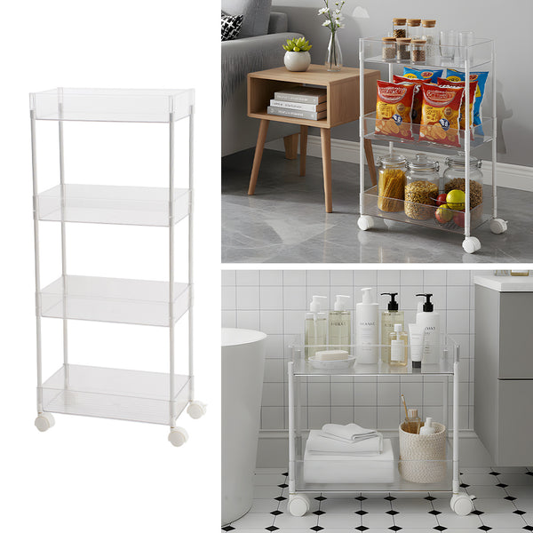 2/3/4-Tier Transparent Storage Cart - Multi-Functional Rolling Organizer with Wheels | for Bathroom, Kitchen, Laundry Room | Snack & Toiletries Holder (Easy Assembly)