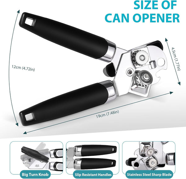 Tin Opener, Lychico 3-In-1Can Opener Handheld Heavy Duty Stainless Steel Can Openers with Multifunctional Bottle Opener, Black