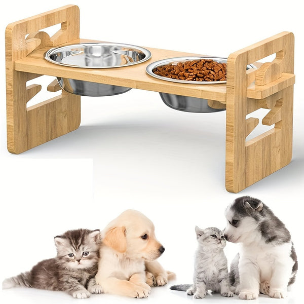 Stainless Steel Double Bowl Feeding Station with Non-Slip Bamboo Base - Ergonomic Design for Easy Access, Perfect for Dogs and Cats, Pet Feeding Station, Pet Food Storage, Modern Petware, Durable Petware