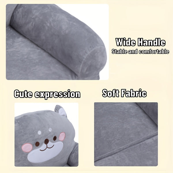 Cozy Kid Folding Sofa, Plush, Washable Lounge Chair for Playroom & Nursery, Gray Dog Style Foldable Wide Handle Soft Breathable Toddler Chair for Reading Relaxing Sleeping(2 Layers)
