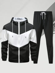 Men'S Casual 2pcs Athletic Set Unisex Couple All-Season Spring Autumn Loose Color-Block Athletic Outfit Hooded Sweater Zip-Up Jacket Long Sleeve Outerwear Long Pants Jogging Trousers Gym Workout Running Outdoor Set Elastic Pants Hoodie Top And Botto