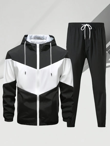Men'S Casual 2pcs Athletic Set Unisex Couple All-Season Spring Autumn Loose Color-Block Athletic Outfit Hooded Sweater Zip-Up Jacket Long Sleeve Outerwear Long Pants Jogging Trousers Gym Workout Running Outdoor Set Elastic Pants Hoodie Top And Botto