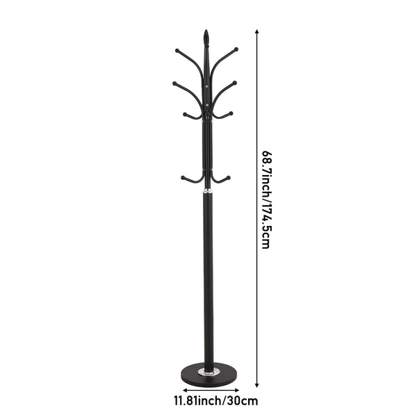 12-Hook Stylish Freestanding Coat Rack, Column-style Heavy Duty Metal Hat Stand with Solid Marble Base, 180cm Tall 4.7cm Thick Pole, Gold Black White Finish for Hallway, Office, Boutique Display