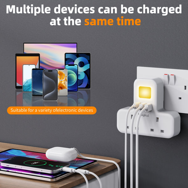 UK Plug Wall Extension Socket with 2 USB & 1 Type-C Ports, Adjustable Night Light Design for Bedroom/Kitchen, 2 AC Outlets Plug Adapter, 3250W Power Rating