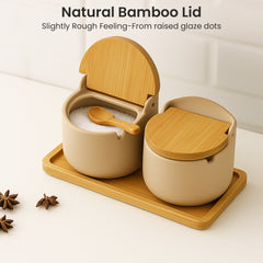 2-Piece Japanese Style Ceramic Spice Jars Set with Bamboo & Wood Lids – Kitchen Storage Containers for Salt, Sugar, Coffee & Tea | Airtight & Stylish Pantry Organisers for Home & Restaurants