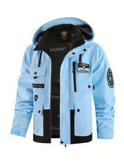 Men's Spring Autumn New Hooded Thin Jacket Men's Outdoor Warm Storm Jacket Men's Casual Multi-Pocket Cargo Jacket Men's Hat Detachable Zipper Jacket Men's Color Insertion Jacket