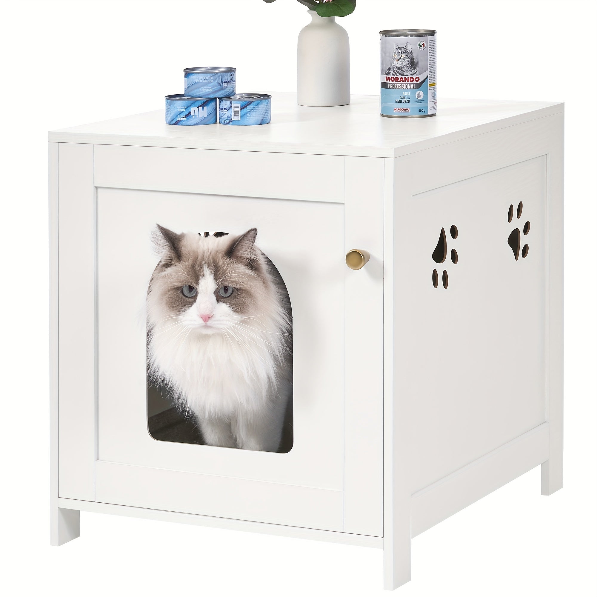 Cat Litter Box Enclosure, 54.86cm L Hidden Litter Box Furniture, Wooden Indoor Pet House With Front Arched Door, Side End Table, Nightstand For Living Room, Bedroom, White