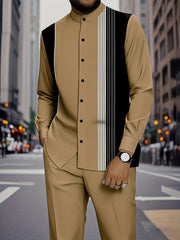 European And American Fashion Men'S Spring And Autumn New Striped Art Pattern Print Design Stand-Up Collar Long Sleeve Shirt Set, Casual Street Outdoor Suit