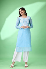 Estationeryhouse Women's Georgette Lucknowi chikankari kurti, Rose Design with Heavy Embroidery, Without Bottom