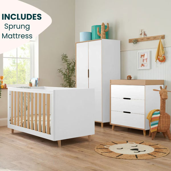 Tutti Bambini Fika 4 Piece Nursery Set with Sprung Mattress, White & Light Oak