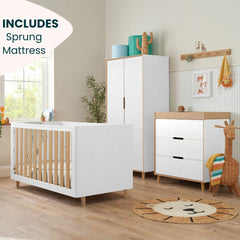 Tutti Bambini Fika 4 Piece Nursery Set with Sprung Mattress, White & Light Oak
