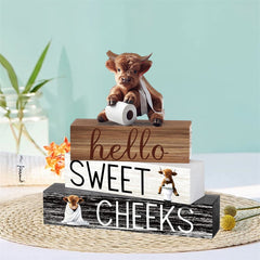 4pcs Wooden Highland (Cattle) Decor - 3 Rustic Scottish Figurines, Animal Blocks for Farmhouse Shelf, Tabletop, or Scottish-Themed Room Décor - Multi- Scottish Cattle Blocks