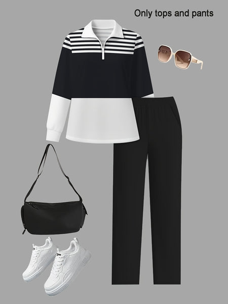 Women's 2pcs Suit Set - Striped Half-Pallet Pullover Top & Solid Color Pants with Zipper Closure, High-Elasticity Straight Leg Pants, Loose Fit for Commuting, Office & Daily Wear - All-Season Professional Attire (2pcs Matching Set)