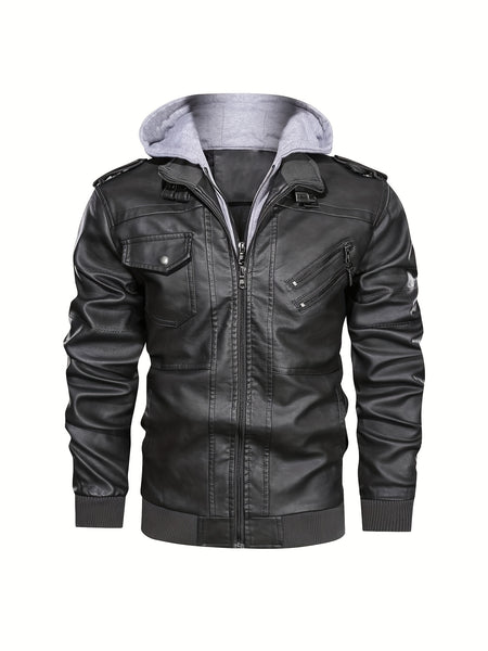 2907 Cross-Border New Double-Zipper Hooded Faux Leather Jacket Men'S Casual Fashion Motorcycle Jacket Men'S Korean Version Trendy Solid Color Coat Men