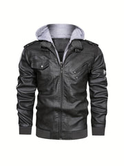 2907 Cross-Border New Double-Zipper Hooded Faux Leather Jacket Men'S Casual Fashion Motorcycle Jacket Men'S Korean Version Trendy Solid Color Coat Men