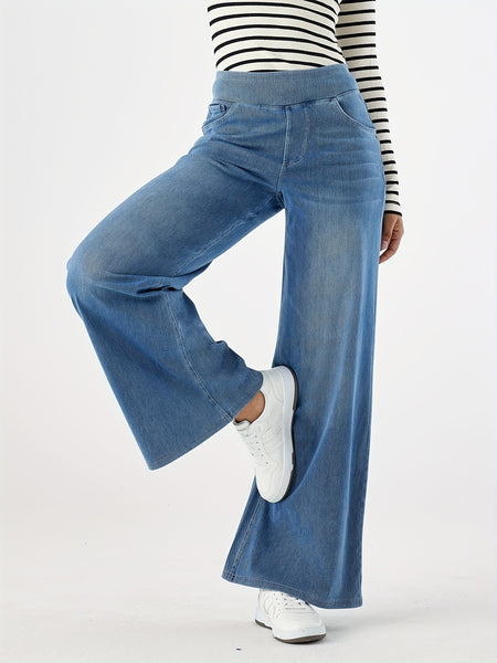 Women'S High-Waist Stretch Denim Wide-Leg Pants with Multiple Pockets, Distressed Vintage Casual Denim Long Pants