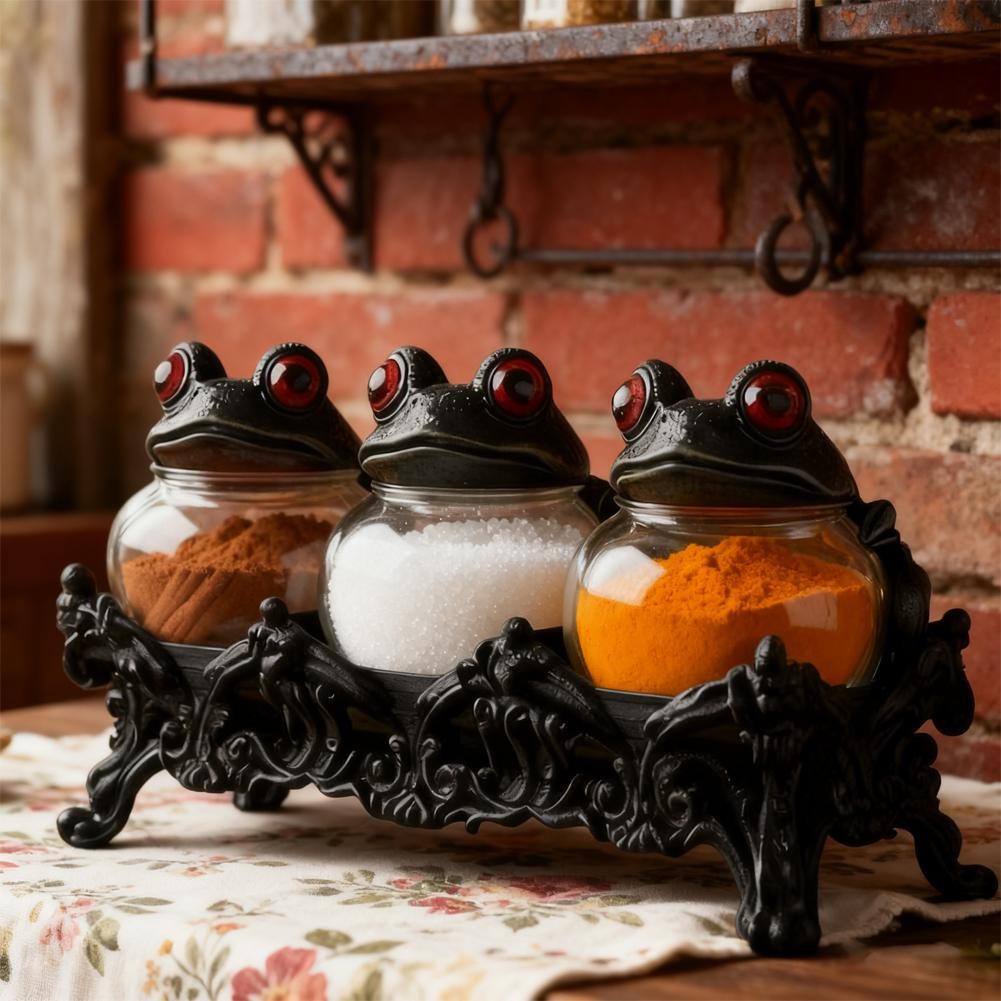 3pcs Witch Frog-Shaped Spice Jars, with Frog Lids, Are Kitchen Storage Containers in A Retro Style. They Can Be Used to Store Spices, Herbs And Salt. They Are Unique Home Decorations And Storage Jars. for Halloween