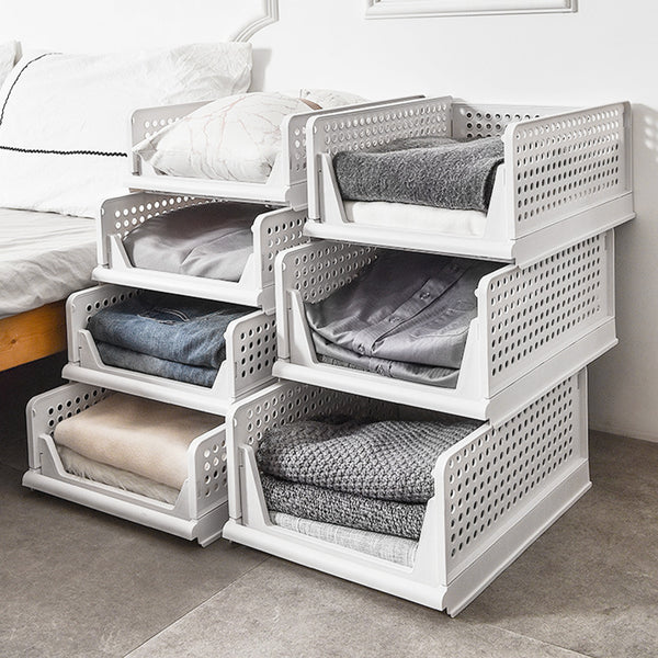 4 Pack Stackable Folding Clothing Storage Basket Drawers Wardrobe Closet Organizer Plastic Clothes Partition Shelf Stackable Hamper Bathroom, Bedroom, Office