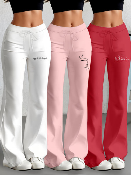 European and American Spring/Summer New Fashion Women's Bottoms: Flared Straight-Leg Pants with Classic English Text Print, Daily Casual Butt-Lifting Peach Butt Long Pants, Three-Piece Set