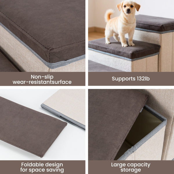 Foldable Dog Stairs, 3 Tier Pet Steps with Storage, Adjustable Dog Ramp for Bed and Sofa, Soft Flannel Pet Stairs for Small & Medium Dogs and Cats