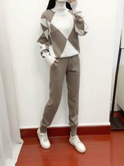 Women'S New Arrival Autumn/ Winter 2024 Casual Check Pattern Sweater Set - Style Trendy Two-Piece Outfit, Long Sleeve, Square Neck, Color Block, Drawstring, Pants, Casual Wear|Check Pattern Top|Drawstring Pants, Sweater Set
