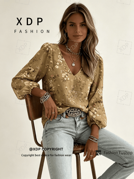 2D Flat Print Retro Western Style Shirt| V-neck Women's Long-sleeved Top with Colorful Small Floral Print, Bohemian Style Lantern Sleeve Design, Machine Washable, Suitable for Casual Attire and Vacations, 2D Flat
