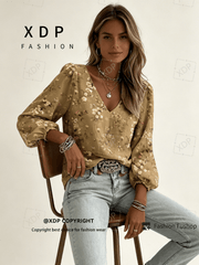 2D Flat Print Retro Western Style Shirt| V-neck Women's Long-sleeved Top with Colorful Small Floral Print, Bohemian Style Lantern Sleeve Design, Machine Washable, Suitable for Casual Attire and Vacations, 2D Flat