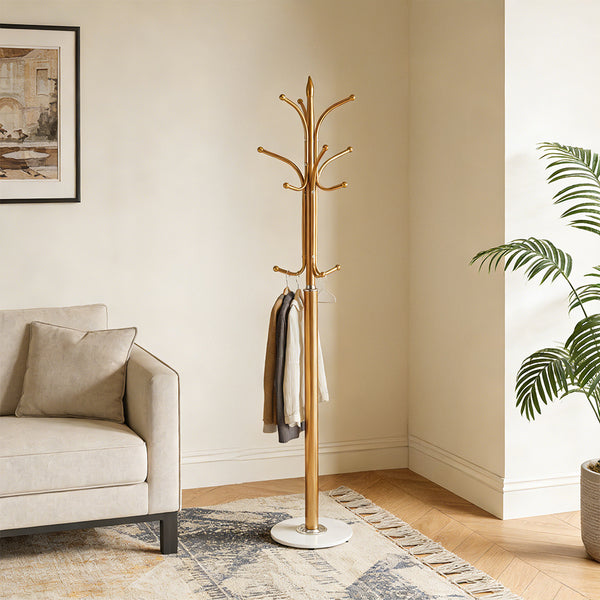 12-Hook Stylish Freestanding Coat Rack, Column-style Heavy Duty Metal Hat Stand with Solid Marble Base, 180cm Tall 4.7cm Thick Pole, Gold Black White Finish for Hallway, Office, Boutique Display