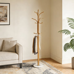 12-Hook Stylish Freestanding Coat Rack, Column-style Heavy Duty Metal Hat Stand with Solid Marble Base, 180cm Tall 4.7cm Thick Pole, Gold Black White Finish for Hallway, Office, Boutique Display