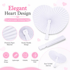 12pcs White Heart Folding Paper Fan with Plastic Handle Hand Fan for Weddings Parties Summer Events