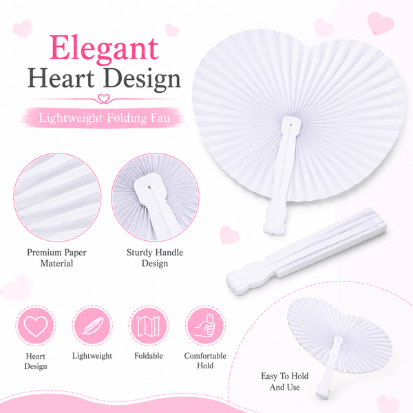 12pcs White Heart Folding Paper Fan with Plastic Handle Hand Fan for Weddings Parties Summer Events