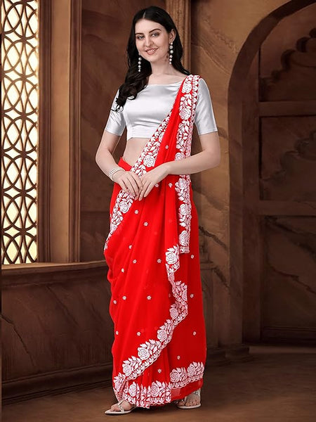Estationeryhouse Women's Georgette Embroidery Border Work Designer Saree with Blouse Piece
