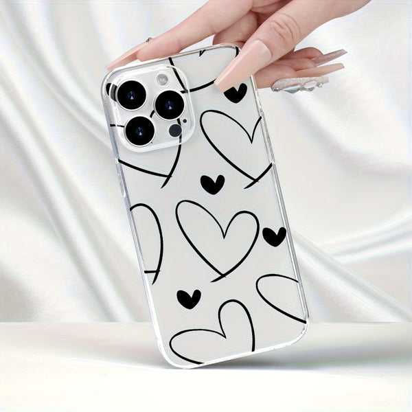 Phone Case - Clear, Straight-Edged Phone Cases Are Compatible with for Iphone 11 Through 17, Including Pro Max And Plus Versions. The Design Showcases a Prominent Heart Outlined in Lines Alongside a Solid Small Heart, Reflecting a Minimalist