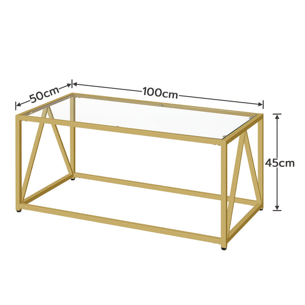 Modern Glass Coffee Table with Golden Frame - Minimalist Tempered Glass Top Center Table Suitable for Living Room, Easy Assembly, Sturdy Metal Frame & Glass, Sofa Side Tea Table