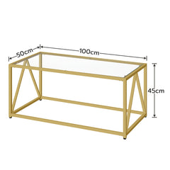 Modern Glass Coffee Table with Golden Frame - Minimalist Tempered Glass Top Center Table Suitable for Living Room, Easy Assembly, Sturdy Metal Frame & Glass, Sofa Side Tea Table