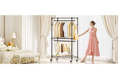 M MZG Heavy Duty Easy to Assemble - Multi-functional Removable Clothes Rack - with Three Shelves, Side Hooks And Locking Casters - Sturdy And Durable - Suitable for Bedroom, Living Room And Wardrobe Black