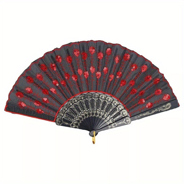 1/ 2pcs Vintage Embroidered Sequins Hand Fan Folding Handheld Fan, for Wedding Party Dance Group Events