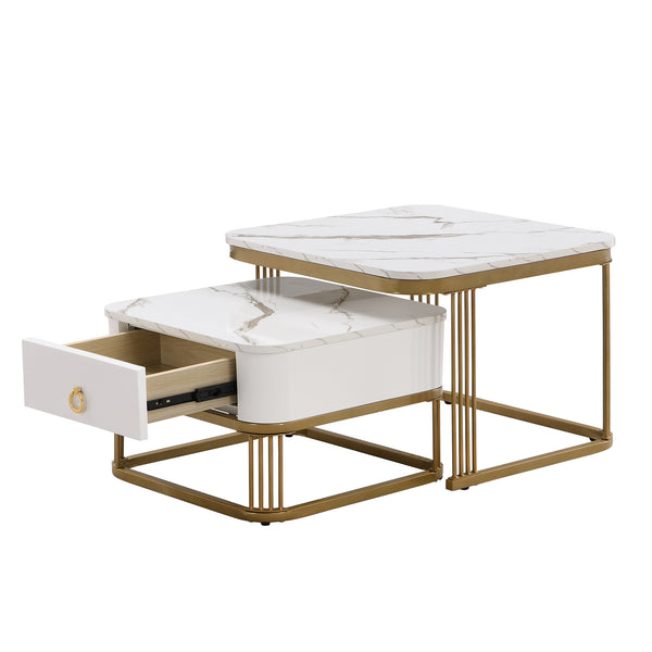 Modern Pedestal Base Space Saving Coffee Table Set of Two, Engineered Wood and Artificial Board Construction, Hardwood, Black Finish, High Gloss Stone Table Top, Metal Golden Accents, with Drawer, Without Electricity, Battery Free.