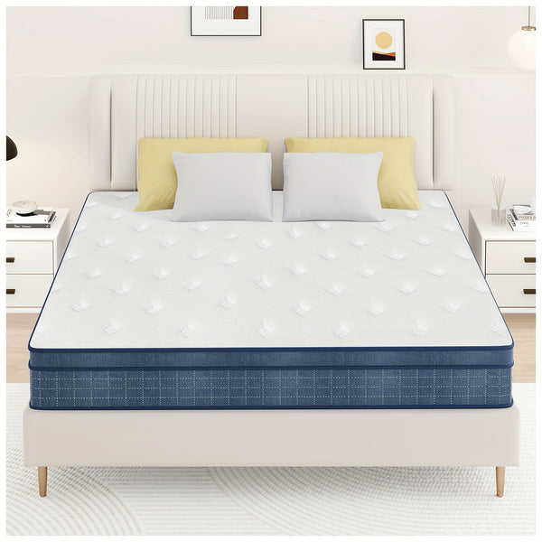 26cm/10.2in) Premium Hybrid Mattress: Individual Pocket Springs & 7-Zone Gel Foam, Medium Firm, Motion Isolation, Blue & White Design