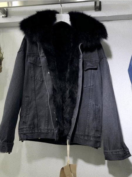 Women's Cozy -Lined Denim Jacket - Casual Long Sleeve Outerwear, Loose Fit, Button-Up Front, Flap Pockets, Solid Color, Perfect for Fall/Winter, Casual Winter Wear | Relaxed Fit Jacket | Lined Jacket