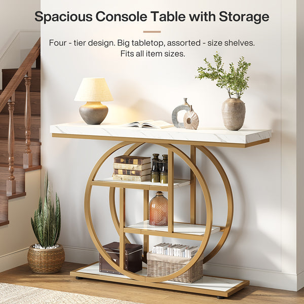 Four Story Console Table Slim Hallway, Entrance Table with Circular Base, Narrow Wooden Decorative Table with Storage Rack, Console Table for Living Room.