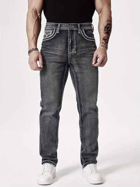Men'S Elastic Washed Denim Jeans with Thick Line Embroidery on The Front And Back Pockets
