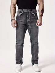 Men'S Elastic Washed Denim Jeans with Thick Line Embroidery on The Front And Back Pockets