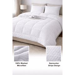 Luxury Washed Microfibre Seersucker Comforter Duvet Quilt – Soft & Lightweight All Season Bedding – White & Grey – Single, Double & King Size