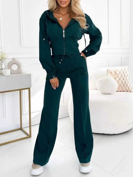 Women's Sexy Elegant Two-Piece Suit Set - Solid Color Slim-Fit Jacket & Pants with Hooded Zipper Jacket, Thin Strap Neckline & Structured Fit | Spring/ Summer Casual to Semi-Formal Outfits | Avant-Garde Streetwear Style | Versatile Commuter & Special
