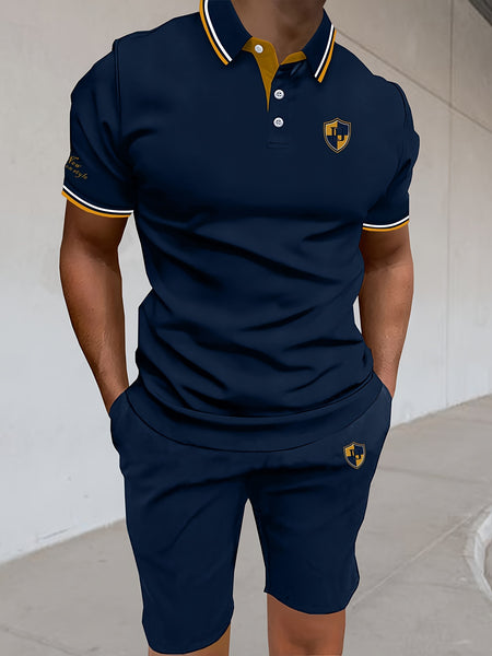 Men'S Polo Shirt Fashion Casual Set Pique Mesh Letter Pattern Top And Bottom